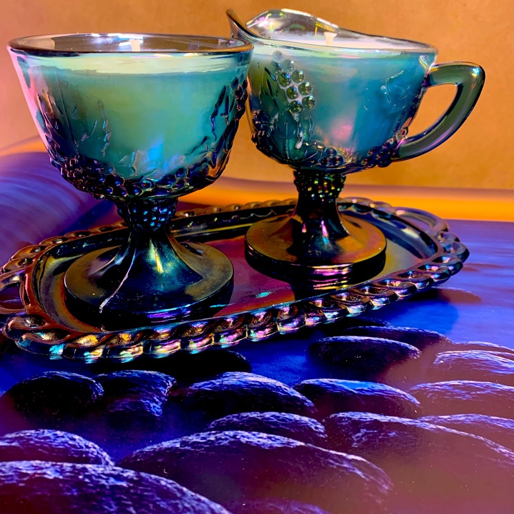 Hand poured soy wax candle in rare blue carnival glass